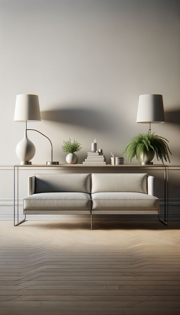 A long, narrow table with simple, sleek lines placed behind a modern sofa, adorned with decorative lamps, a stack of books, and a small plant.