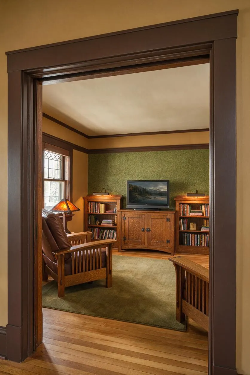 A Craftsman-style media room with a dark stained wood doorway framing the view into a cozy space. Inside are oak bookcases, a low wood media cabinet with a television, a green area rug, leather seating, and amber-shaded lamps, all set against warm tan and olive walls.