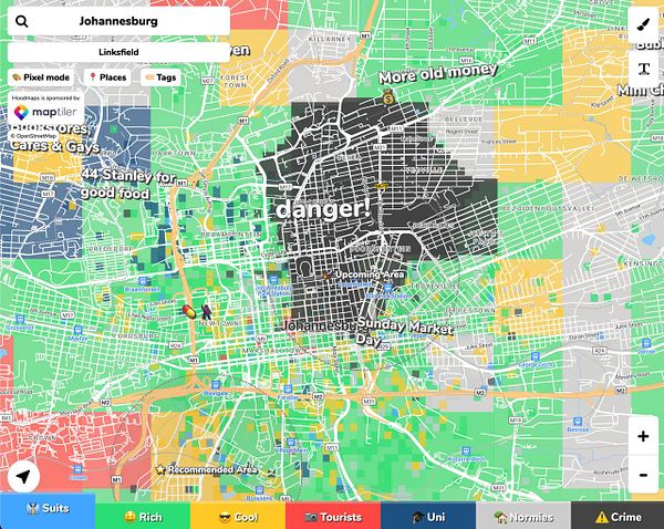 A colorful map depicting crime data density across cities in various regions, with a focus on the greater New York City area.