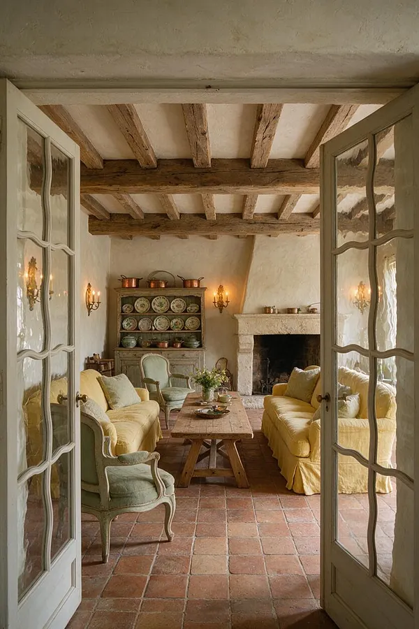 A French Country basement sitting room with exposed wood ceiling beams, terracotta tile flooring, a stone fireplace, and a rustic wood table. Soft yellow slipcovered sofas and a pale upholstered armchair frame the room, while a painted hutch displays patterned plates and copper cookware.