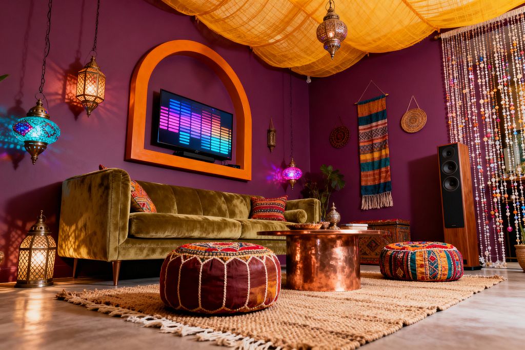 A vibrant Bohemian media room with deep plum walls features an orange arched niche framing a wall-mounted TV above an olive green velvet sofa. A saffron fabric canopy drapes the ceiling, Moroccan-style brass and mosaic glass lanterns glow warmly, a hammered copper coffee table sits on a chunky jute rug flanked by embroidered poufs, a striped woven wall hanging and rattan baskets decorate the wall, a beaded curtain sparkles at the window, and a walnut floor speaker stands to the right.