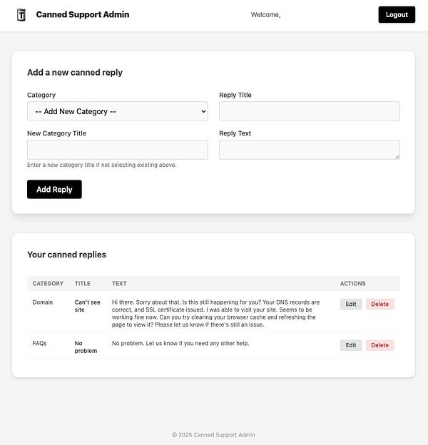 The image displays an admin interface for managing canned replies in a support system.