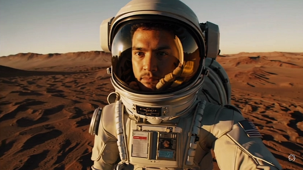 An astronaut stands on a barren, sandy landscape under a clear sky, reflecting on a recent experience of being outside.