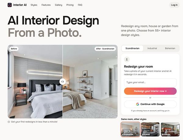 Landing page for Interior AI offering AI-driven interior design from photos with style options and redesign features.