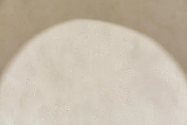 A close-up of a textured plaster or limewash wall in warm beige and cream tones, with a large curved area of sunlight creating a soft halo effect. The surface looks matte and subtly irregular, emphasizing natural texture and a calm organic modern aesthetic.