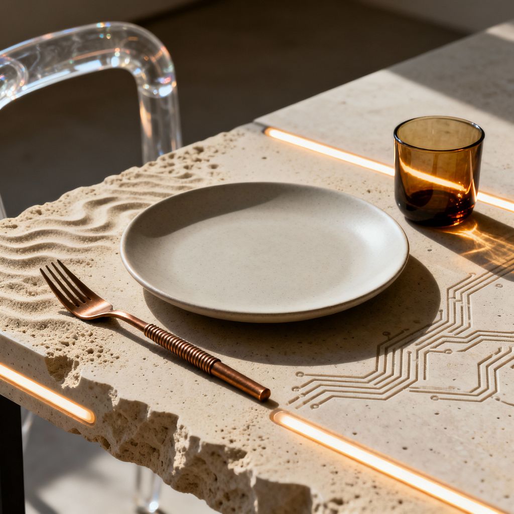 A close-up of a dining table features a raw-edged travertine slab with pitted texture, carved sand-like ripples, and etched circuit-board lines illuminated by inlaid warm white LED strips. On the tabletop are a matte beige stoneware plate, a copper fork, and an amber glass tumbler, with a transparent acrylic chair visible at the side.
