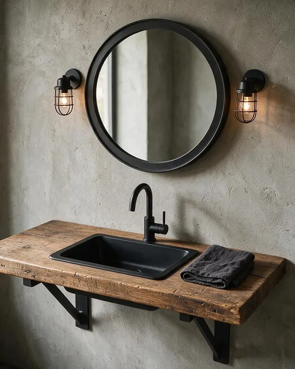 A compact industrial bathroom vignette with a round black-framed mirror centered above a rustic reclaimed wood vanity. A matte black vessel sink and gooseneck faucet sit below, flanked by two cage-style wall sconces, with a folded dark towel on the right.