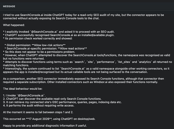 Screenshot of a chat interface showing a conversation with OpenAI's ChatGPT discussing a search console AI bug report.