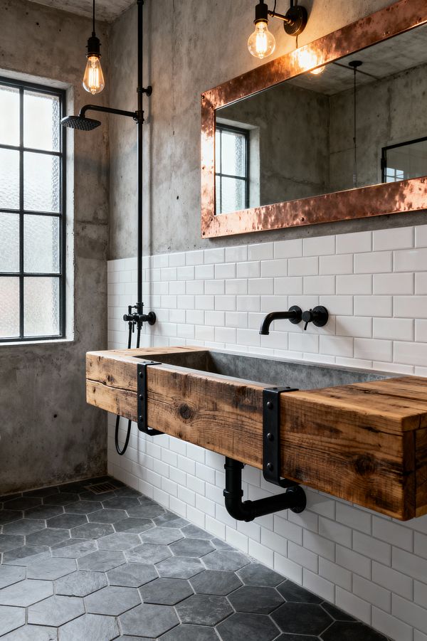 An industrial bathroom with raw concrete walls and a half-height wainscot of white subway tile, featuring a chunky reclaimed-wood trough sink strapped with black metal and a concrete basin beneath a wall-mounted matte-black faucet. A hammered copper-framed mirror and exposed Edison bulbs add warmth, while a steel-framed frosted window, exposed shower pipe with rainfall head, and dark gray slate hex floor complete the utilitarian, factory-inspired look.