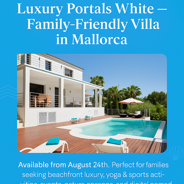A luxurious family-friendly villa in Mallorca with a pool and outdoor seating area.