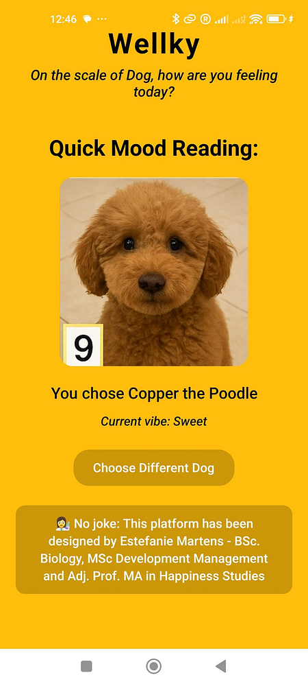 A mobile app interface displaying a mood reading based on a dog theme.