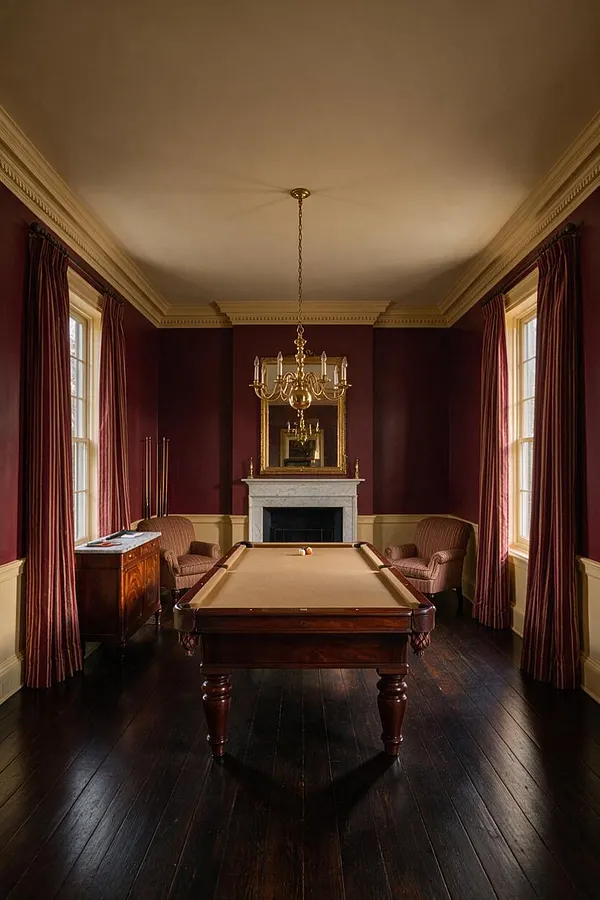 A traditional game room centered on a billiards table with tan felt and a polished wood frame, placed on dark hardwood floors. Burgundy walls, cream crown molding, floor-length curtains, a white marble fireplace, a gold chandelier, and two upholstered armchairs create a formal, classic atmosphere.