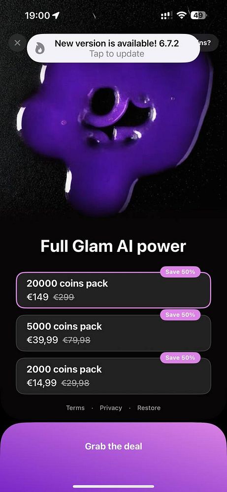 The image displays a promotional offer for an app featuring various coin pack options with discounted prices.