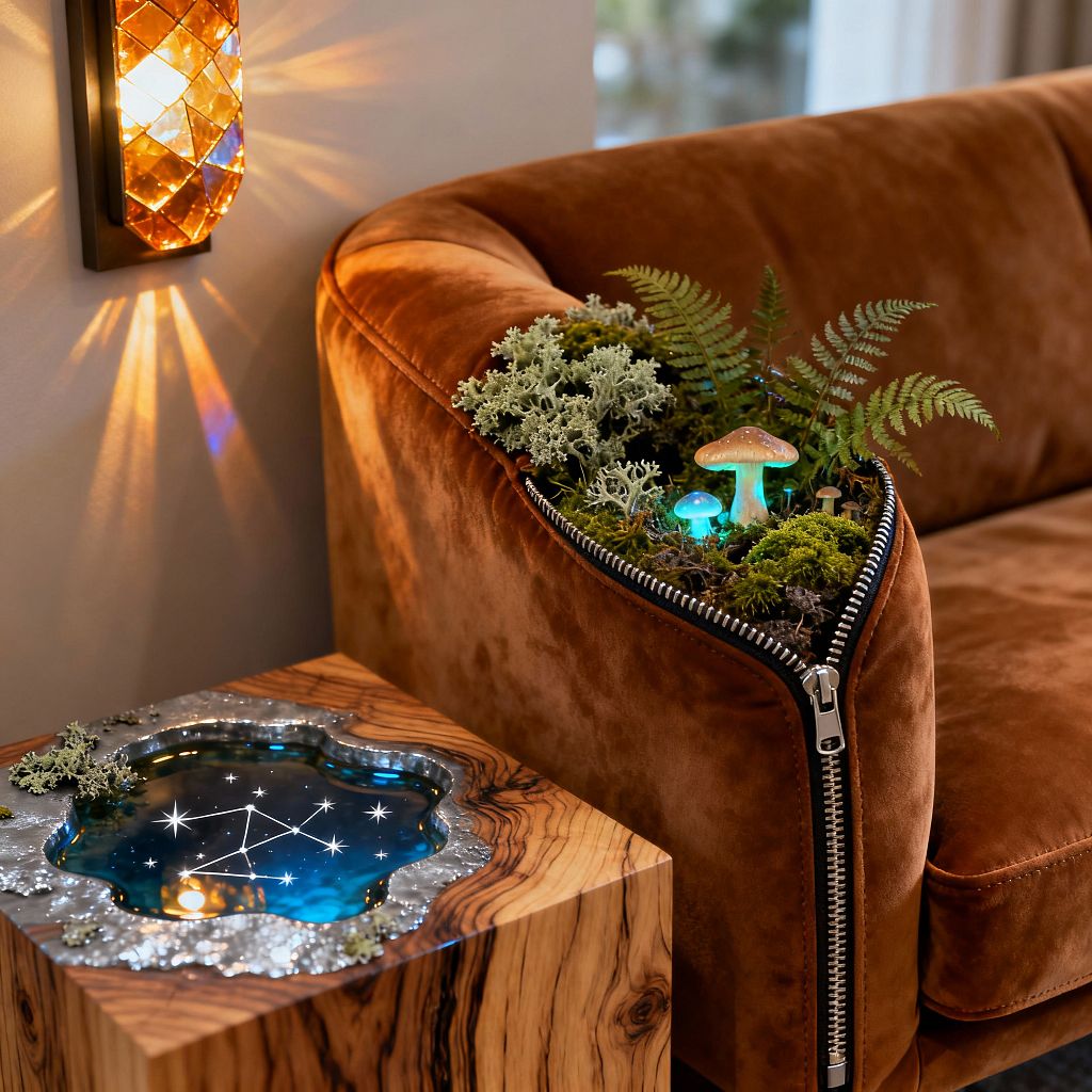 A caramel velvet sofa features a dramatic metal zipper opened at the arm to reveal a miniature terrarium of moss, lichen, and ferns, dotted with small mushrooms and glowing teal accents. Beside it sits a striped olive wood cube table with an irregular blue resin pool edged in silver-toned metal and speckled with star-like constellations, while a faceted amber wall sconce casts warm geometric rays, creating a whimsical and surreal living room vignette.