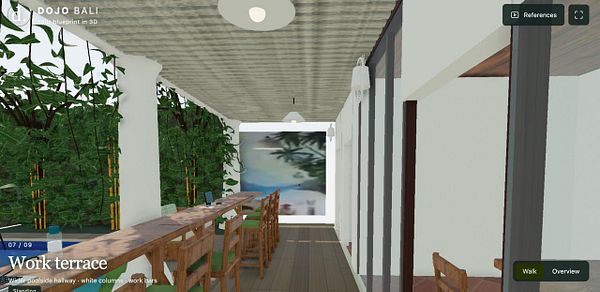 A long, narrow work terrace hallway with wooden high chairs, a work bar table, white columns, and greenery along one side.
