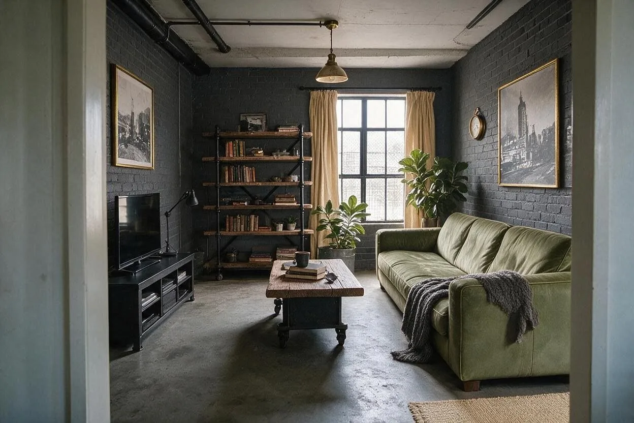 The same Industrial living room in the Olive Depot palette: charcoal, olive, khaki, black iron, and brass