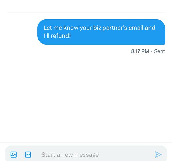 A text message conversation regarding a refund request.