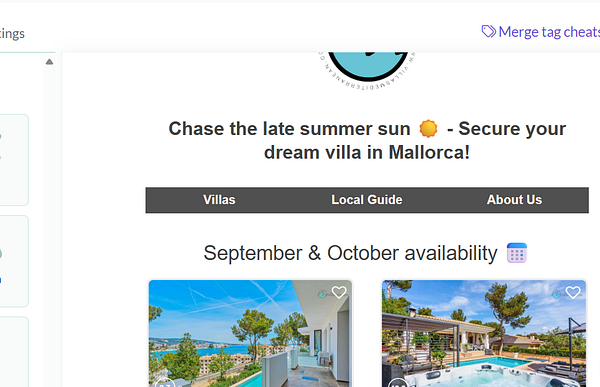 The image displays a newsletter layout promoting villa rentals in Mallorca.