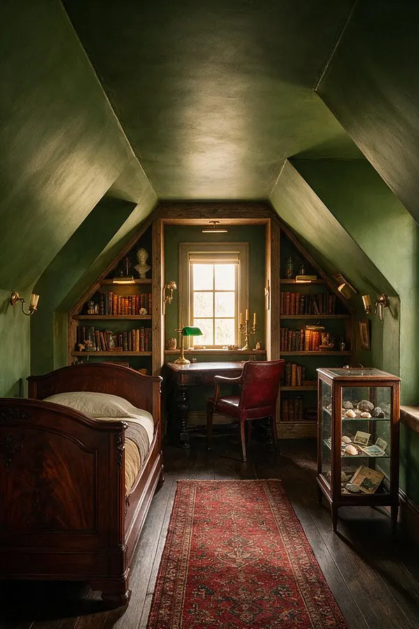 A narrow attic kids' room with sloped green walls, dark wood floors, and built-in bookcases framing a centered window. The room includes a carved wooden bed, a small writing desk with a green lamp, a burgundy chair, a red patterned runner, and a glass display cabinet.