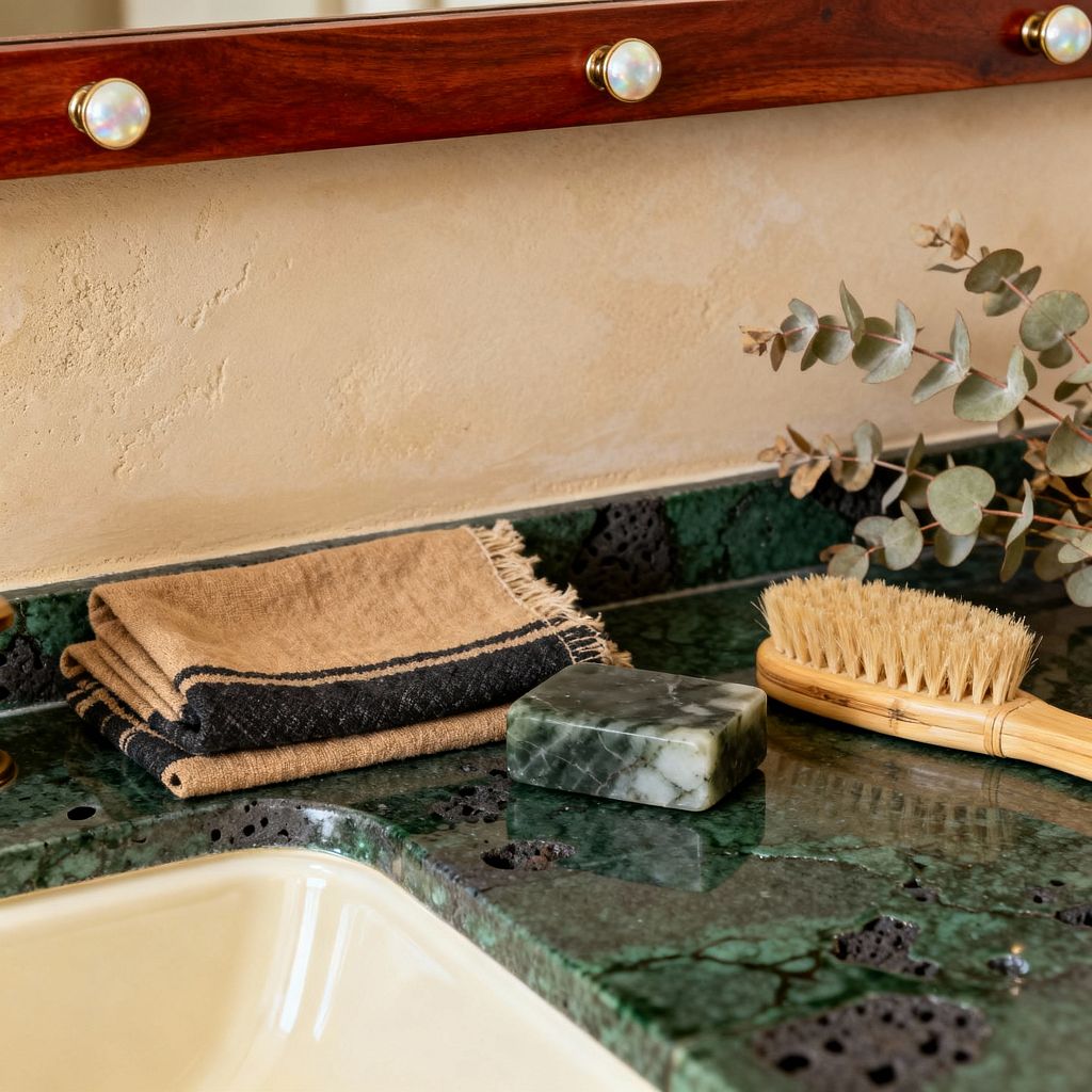 Close-up of a bohemian laundry counter featuring a polished deep-green stone surface with natural pitting, a cream enamel sink edge, and a warm, textured plaster wall. A reddish wood frame or narrow shelf above carries round brass and iridescent knobs. On the counter sit fringed tan-and-charcoal woven towels, a green marbled soap bar, a bamboo-handled natural-bristle brush, and eucalyptus stems, arranged simply against the reflective stone.
