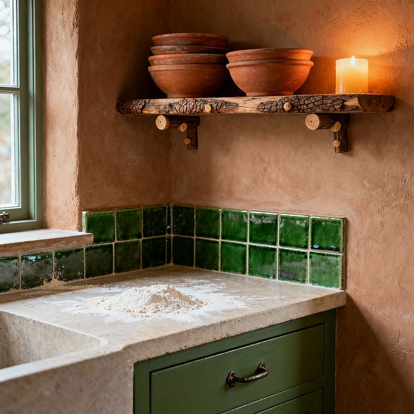 Close-up of a rustic kitchen corner with a pale limestone sink and worktop dusted with flour, fronted by an olive-green cabinet with an iron handle. Deep green hand-glazed square tiles wrap the backsplash beneath clay-plaster walls. A live-edge wooden shelf with peg brackets holds stacked terracotta bowls beside a lit candle, while a sage-painted window on the left brings soft daylight to the warm, earthy space.