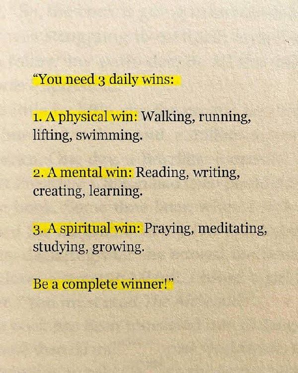 The image presents a motivational quote outlining three types of daily wins.