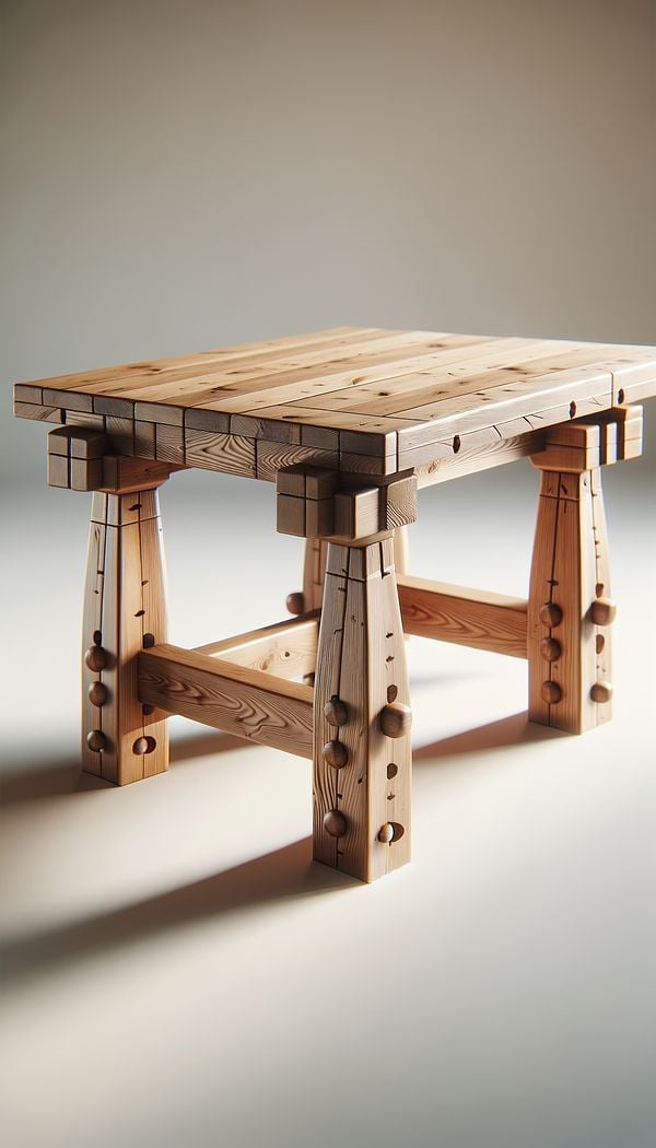 A handcrafted wooden table with visible, contrasting wooden pegs joining the legs to the table top, showcasing the beauty and craftsmanship of pegged furniture.