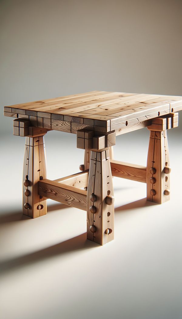 A handcrafted wooden table with visible, contrasting wooden pegs joining the legs to the table top, showcasing the beauty and craftsmanship of pegged furniture.