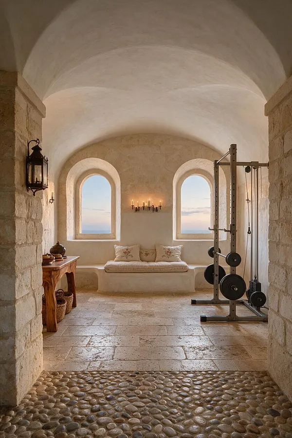 A Mediterranean-style home gym with a vaulted plaster ceiling, stone walls, arched windows, and a pale built-in bench centered between two openings overlooking the sea. A metal weight rack and cable machine stand on the right, while a rustic wood console, lantern, candle sconce, and pebble stone floor add warm, handcrafted character.