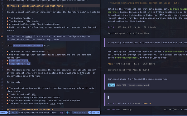 Code and notes on creating a Lambda application with unit tests, configuring a boto3 client, and calling bedrock-runtime.converse, alongside AI-assisted task planning output.