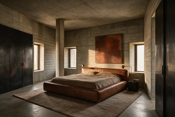 A Brutalist bedroom with exposed concrete walls, ceiling, and floor, centered around a low brown leather bed with neutral bedding. Dark built-in wardrobes flank the room, while small windows bring in soft daylight and a large rust-colored artwork adds warmth above the headboard.