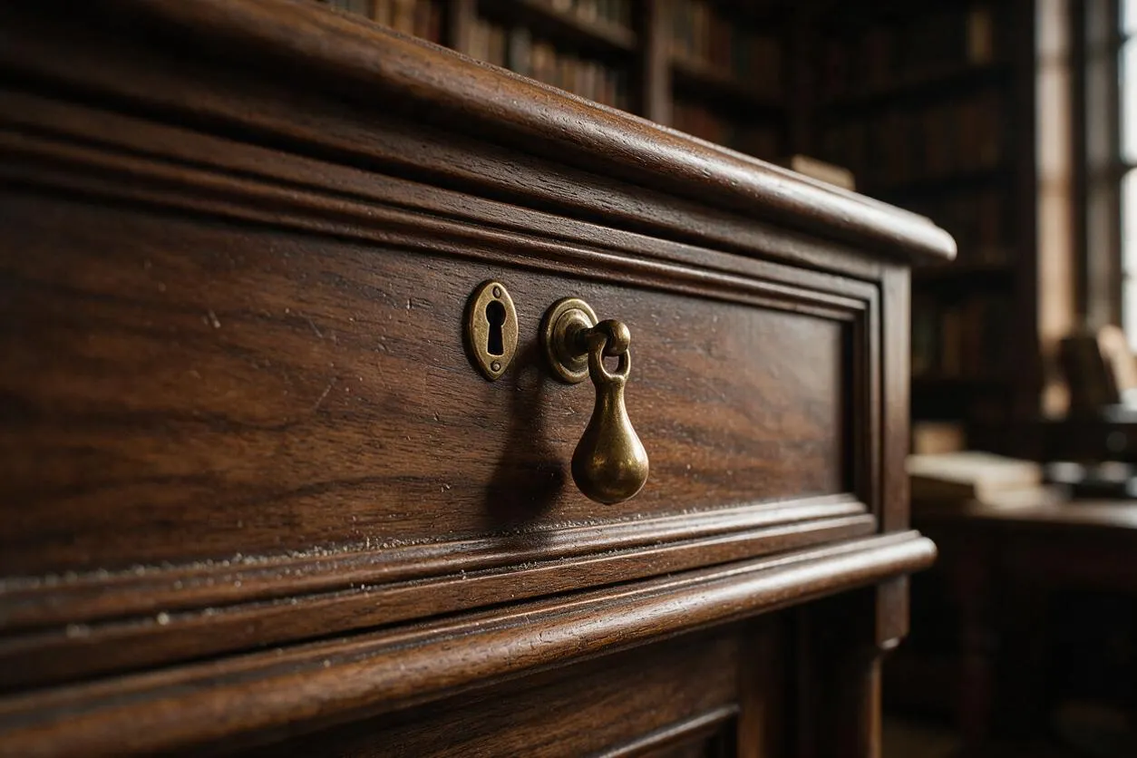 A close-up view of a dark wooden cabinet in a library-like room, featuring ornate molding, a brass keyhole escutcheon, and a teardrop-shaped brass pull. The background is softly blurred with bookshelves and warm, muted light, reinforcing a moody Dark Academia atmosphere.