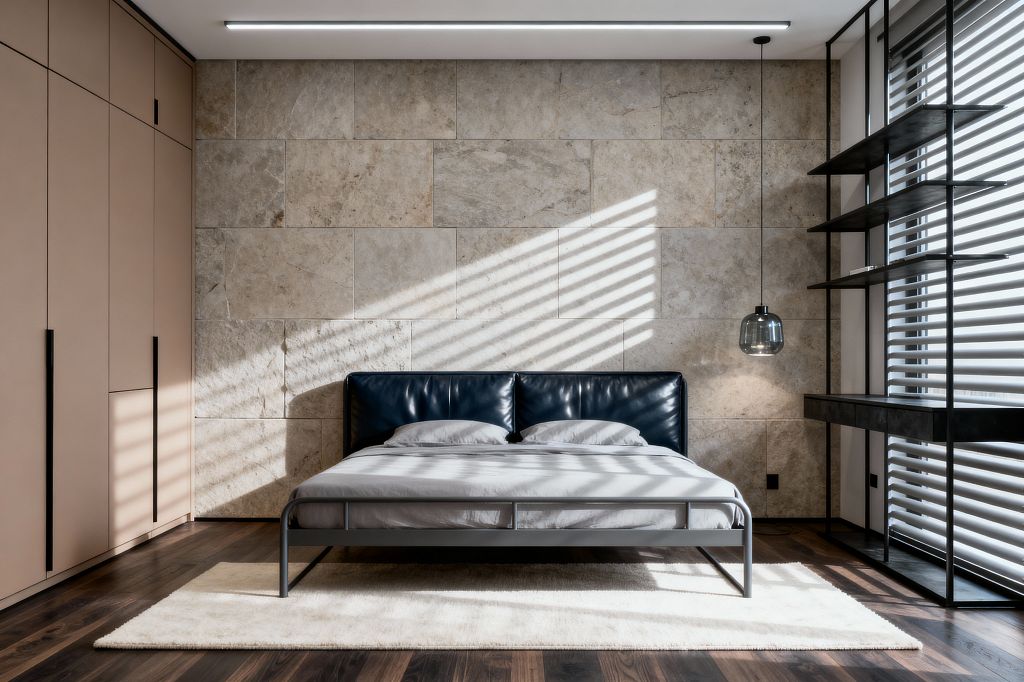 A modern bedroom features a low metal bed with a navy leather headboard centered on a cream rug in front of a wall clad in large beige stone tiles. On the left are flat taupe wardrobes with tall black pulls; on the right, a black steel shelving unit and a smoked-glass pendant sit beside a window with horizontal blinds casting sunlit stripes across dark walnut flooring.
