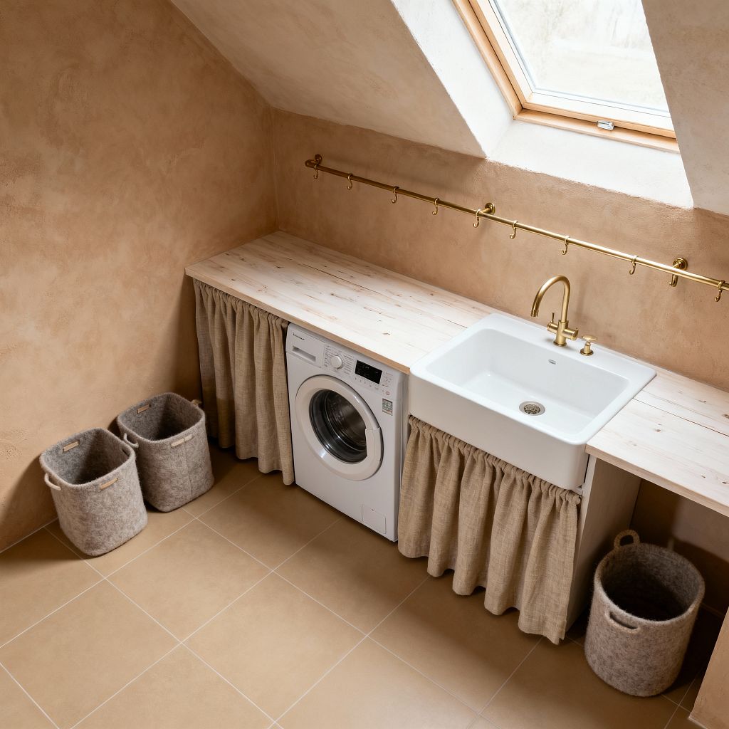 A Scandinavian-style laundry room under a sloped ceiling features a wood-framed skylight illuminating a long, whitewashed pine countertop. A large white ceramic apron-front sink with a brushed brass faucet sits beside a front-loading washer; storage is hidden by gathered oatmeal linen skirts. Sand-colored plaster walls, matte beige floor tiles, a brass rail with hooks, and felted wool baskets complete the warm, minimal palette.
