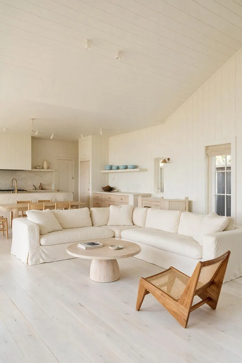 A bright coastal-style studio apartment with white plank walls and ceiling, pale painted floors, and an open living-kitchen layout. An L-shaped cream slipcovered sofa surrounds a round light wood coffee table, while a wooden chair with cane seating adds texture in the foreground.
