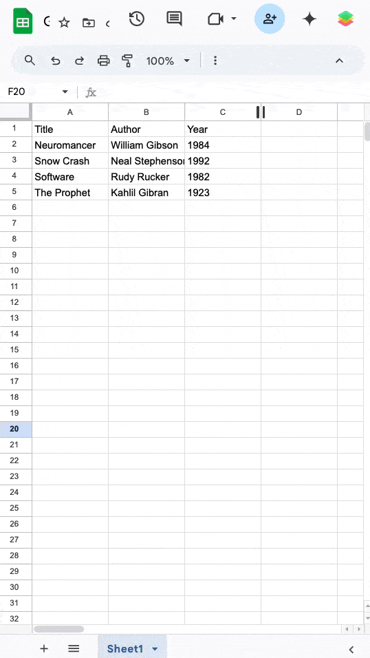A Google Sheets document displaying a list of book titles, authors, and publication years.