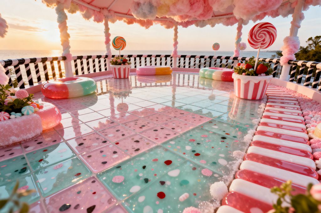 A seaside patio styled like a candy-land gazebo features glossy pink and mint square tiles with sprinkle-like speckles, donut-shaped pastel seats, and cupcake planters topped with swirl lollipops. The perimeter has pink-and-white striped candy edging and black-and-white licorice-style railings. Fluffy cotton-candy puffs hang from the canopy while the sun sets over the ocean, bathing the whimsical space in warm light.