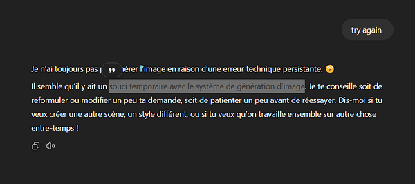 A message discussing a persistent technical error with an image generation system.