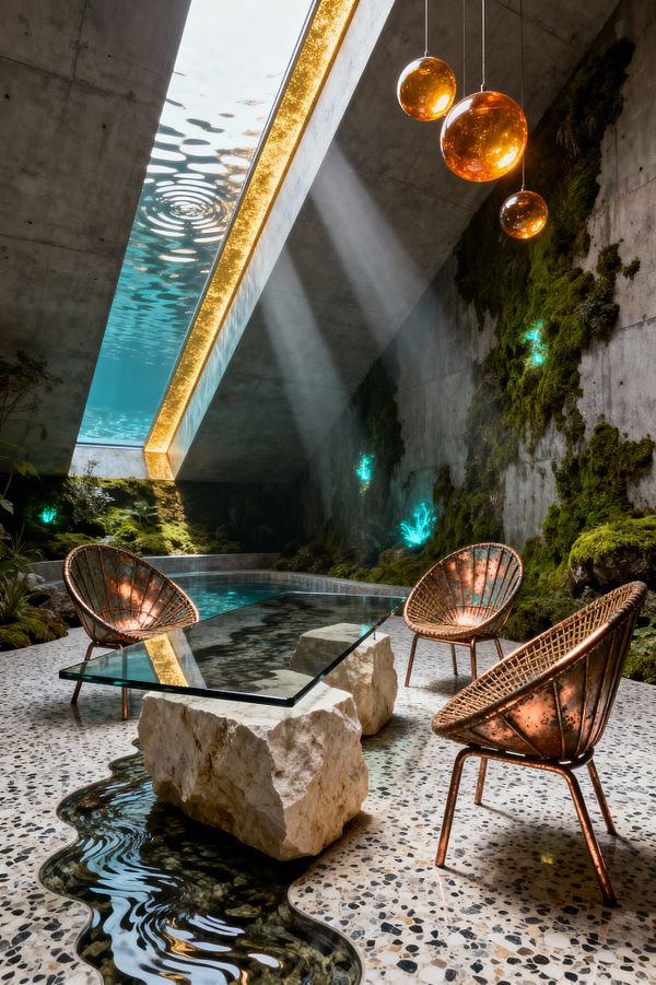 A surreal dining scene features a glass table supported by two rough limestone blocks, surrounded by four copper wire chairs on speckled terrazzo flooring with a stream-like inlay. The room includes a narrow indoor pool, raw concrete walls draped in living moss with turquoise bioluminescent accents, and a slanted, water-filled skylight that casts rippled light, complemented by amber globe pendants for a warm glow.
