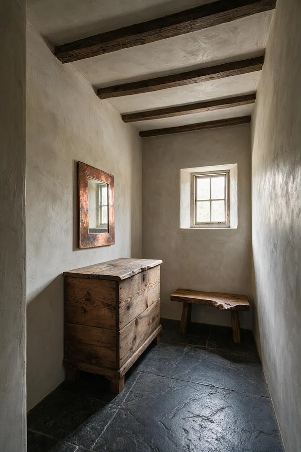 A narrow powder room with plaster walls, dark slate floor tiles, and exposed wooden ceiling beams. A rustic wood cabinet, a small wooden bench, and a copper-framed mirror create a simple, timeworn Wabi-Sabi atmosphere around a single small window.
