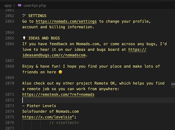 The image displays a code snippet from a PHP file containing user settings and promotional content.
