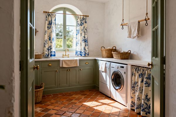 A sunlit laundry room with sage-green Shaker cabinets and a white stone countertop features an apron-front sink centered under an arched window dressed in blue-and-cream toile curtains. Terracotta floor tiles, limewashed plaster walls, brass bridge faucet and hardware, a rope-and-wood hanging drying rack, front-loading washer and dryer, and wicker baskets create a rustic French Country look.