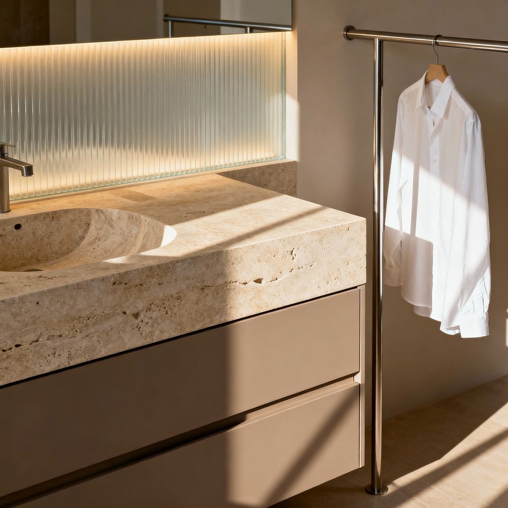 A minimalist laundry room corner shows a thick travertine countertop with an integrated round basin and a brushed metal single-lever faucet above handleless matte taupe drawers. A fluted glass backsplash glows with concealed warm LED lighting beneath a slim mirror. At right, a stainless steel rail holds a white shirt on a wooden hanger. Sunlight casts crisp shadows across beige walls and floor, creating a calm, uncluttered atmosphere focused on utility and quiet elegance.