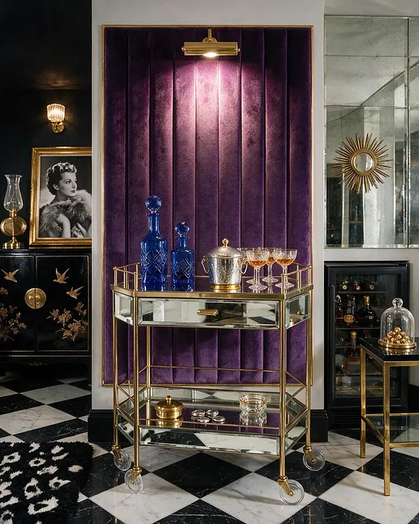 A glamorous interior vignette features a gold-framed bar cart with mirrored shelves in front of a tall purple velvet-paneled wall. Blue glass decanters, coupe glasses, and a silver ice bucket sit on top, while black-and-white checkered marble flooring and ornate gold accents complete the Hollywood Regency look.