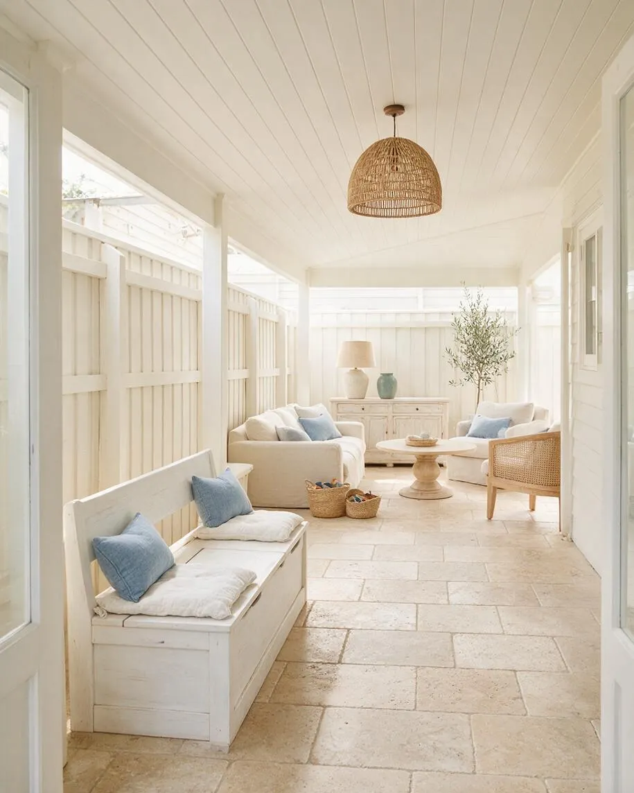 A bright covered backyard patio in coastal style with white shiplap walls and ceiling, pale stone tile flooring, and soft neutral seating. A woven pendant light hangs overhead, while blue accent pillows, rattan furniture, a small round table, and a cabinet with lamps create a relaxed, airy outdoor living space.