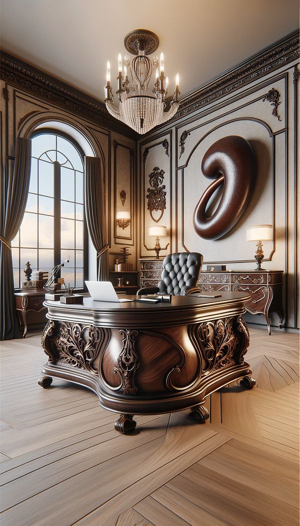 A luxurious home office featuring a kidney desk made of dark wood, with a curved front and detailed carvings, surrounded by elegant accessories.