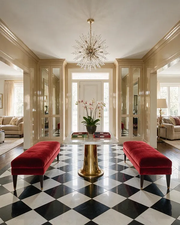 A dramatic entryway with a black-and-white diamond-pattern marble floor, mirrored built-in cabinets, and a crystal starburst chandelier centered above. A marble-topped pedestal table with orchids sits between two deep red velvet benches, while soft beige walls and adjacent sitting rooms create a polished, symmetrical entrance.