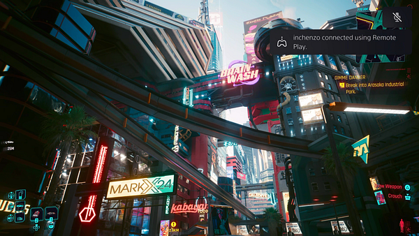A vibrant, futuristic cityscape featuring neon signs and elevated transportation.