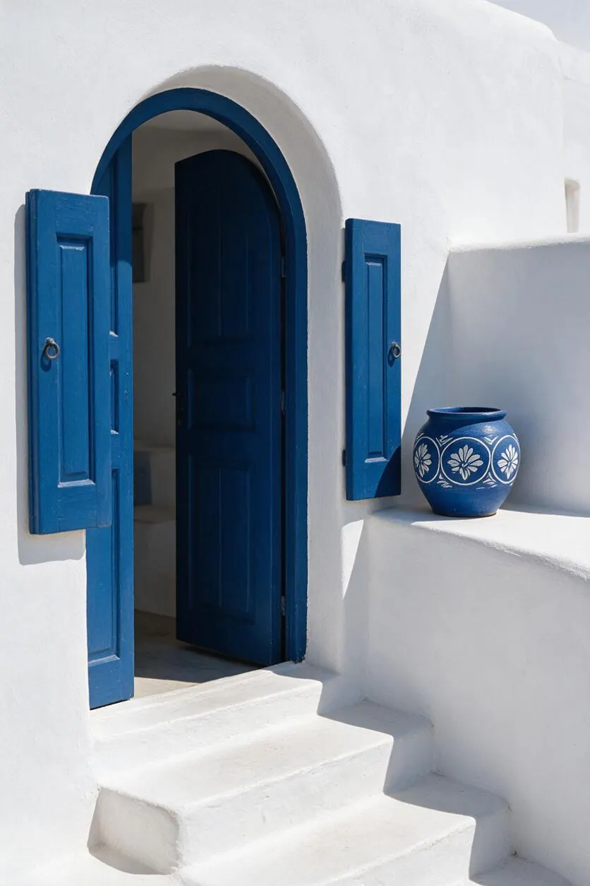 A Mediterranean-style exterior entry with smooth white stucco walls, a rounded arch doorway, and vivid cobalt blue wooden shutters framing a dark blue door. White steps lead up to the entrance, and a blue ceramic pot with white floral patterns sits on a ledge to the right.