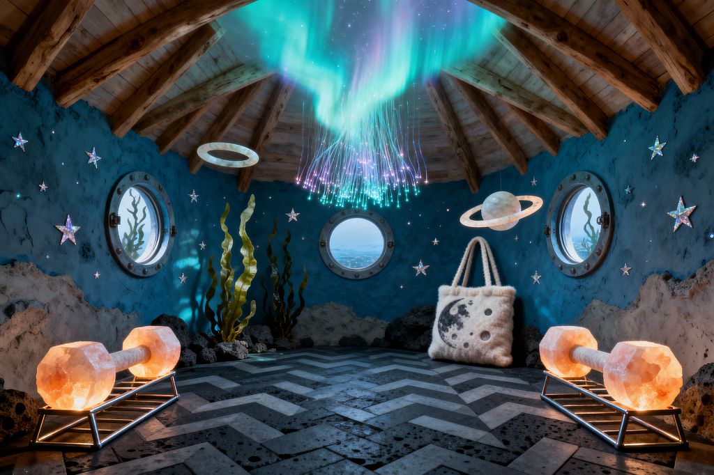 A circular home gym styled as an underwater grotto features cobalt blue textured walls with three round porthole windows, iridescent star decals, and metal seaweed sculptures rising from black lava rocks. The dark gray herringbone stone floor sits beneath a conical ceiling of exposed timber rafters, where a fiber‑optic installation glows like an aurora alongside halo and Saturn ring pendants. Two illuminated Himalayan salt dumbbells rest on stainless racks, with a shag tote printed with a moon leaning against the wall.
